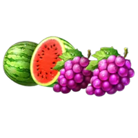 Sandía cortada junto a un racimo de uvas, las frutas de valor medio del juego.